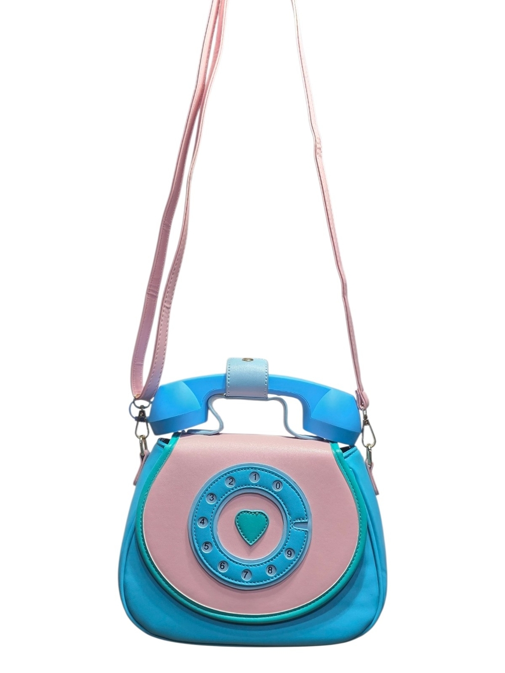Retro Rotary Phone Novelty Crossbody Bag Pastel Blue Pink Heart Kitsch Y2K Purse - Picture 2 of 13